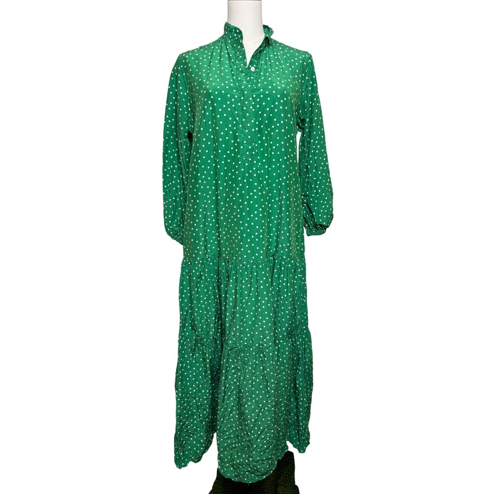 Ann Mashburn Green Polka Dot Cotton Silk Popover Isla Maxi Dress Womens M Italy